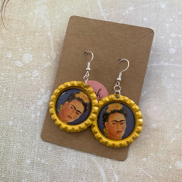 Frida Kahlo. handcrafted bottle Cap Earrings - Picture 6 of 14